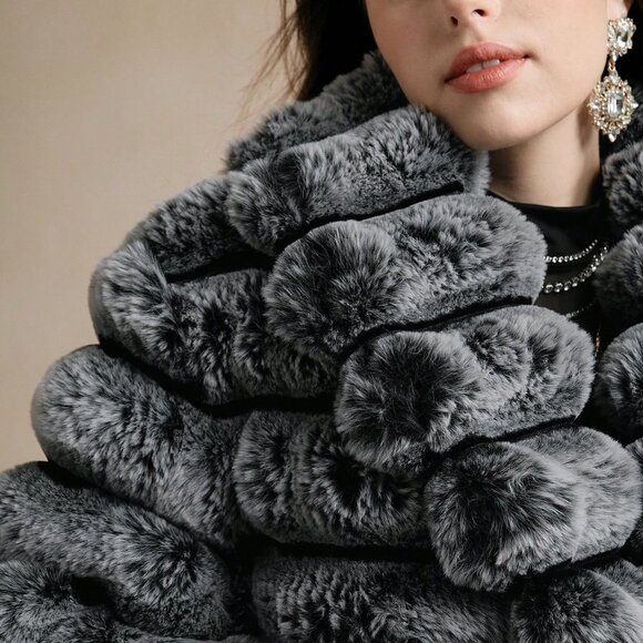 Black And White Fluffy Women's Mid-Length Coat - Picture 6 of 8